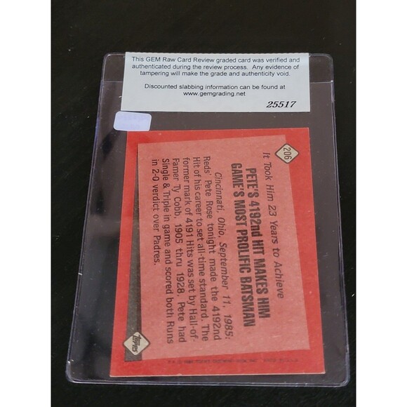 1986 Topps PETE ROSE Record Breaker Card #206 Mint 10 - Picture 2 of 2